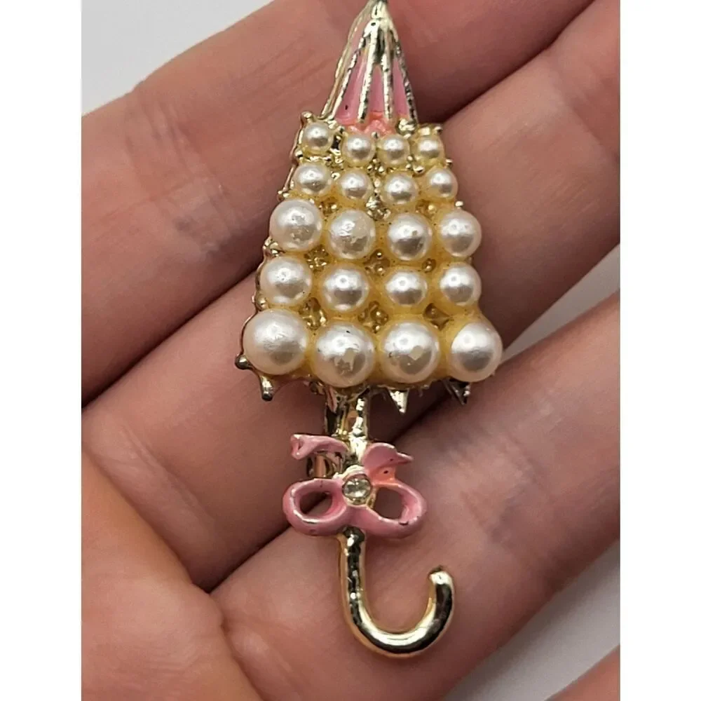 Vintage Gold Tone Faux Pearl Red Enamel & Crystal Umbrella Brooch 2in